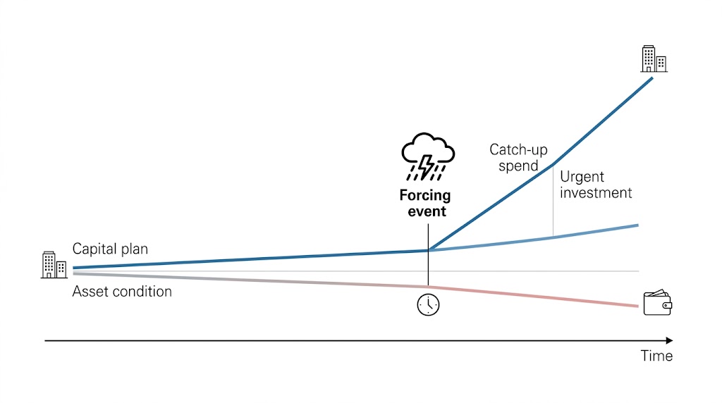 Line chart over time in which the capital plan line and the asset condition line diverge, and at a forcing event the plan line jumps steeply into catch-up spend and urgent investment