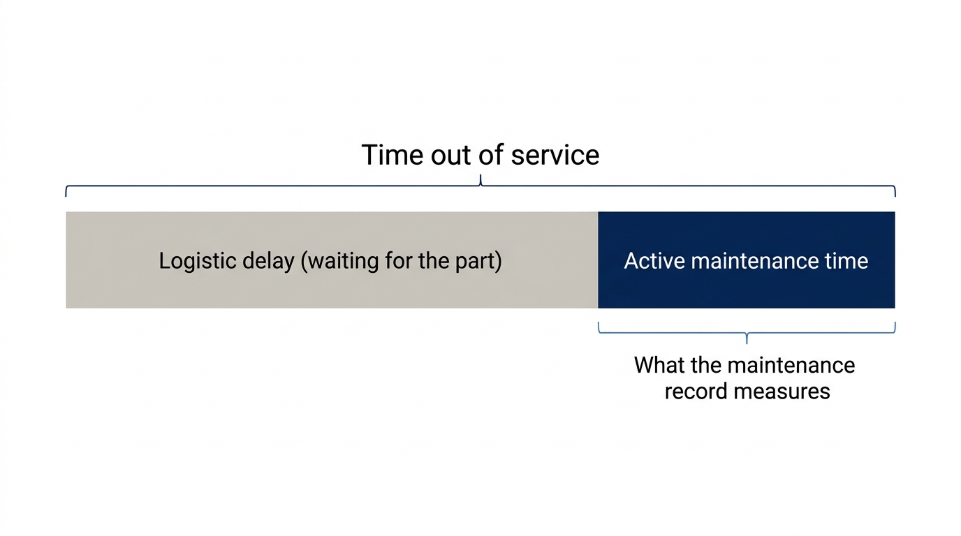 Time out of service splits into logistic delay and active maintenance time; the maintenance record measures only the second