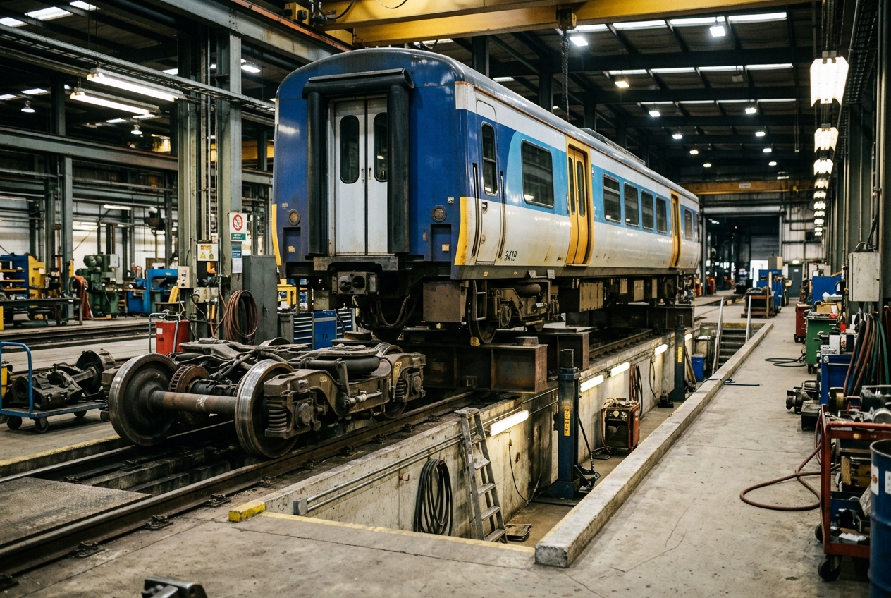 A passenger railcar sits idle on a shop track, bogie removed, waiting on a part