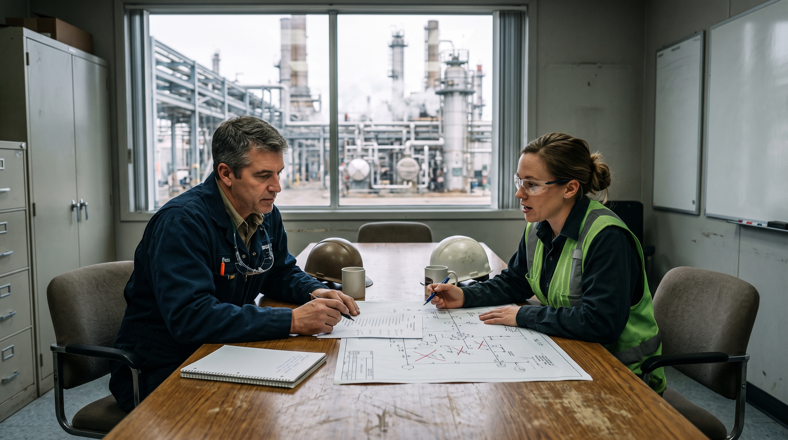 An operations superintendent and a maintenance planner settle the outage scope across a conference table in a plant control building