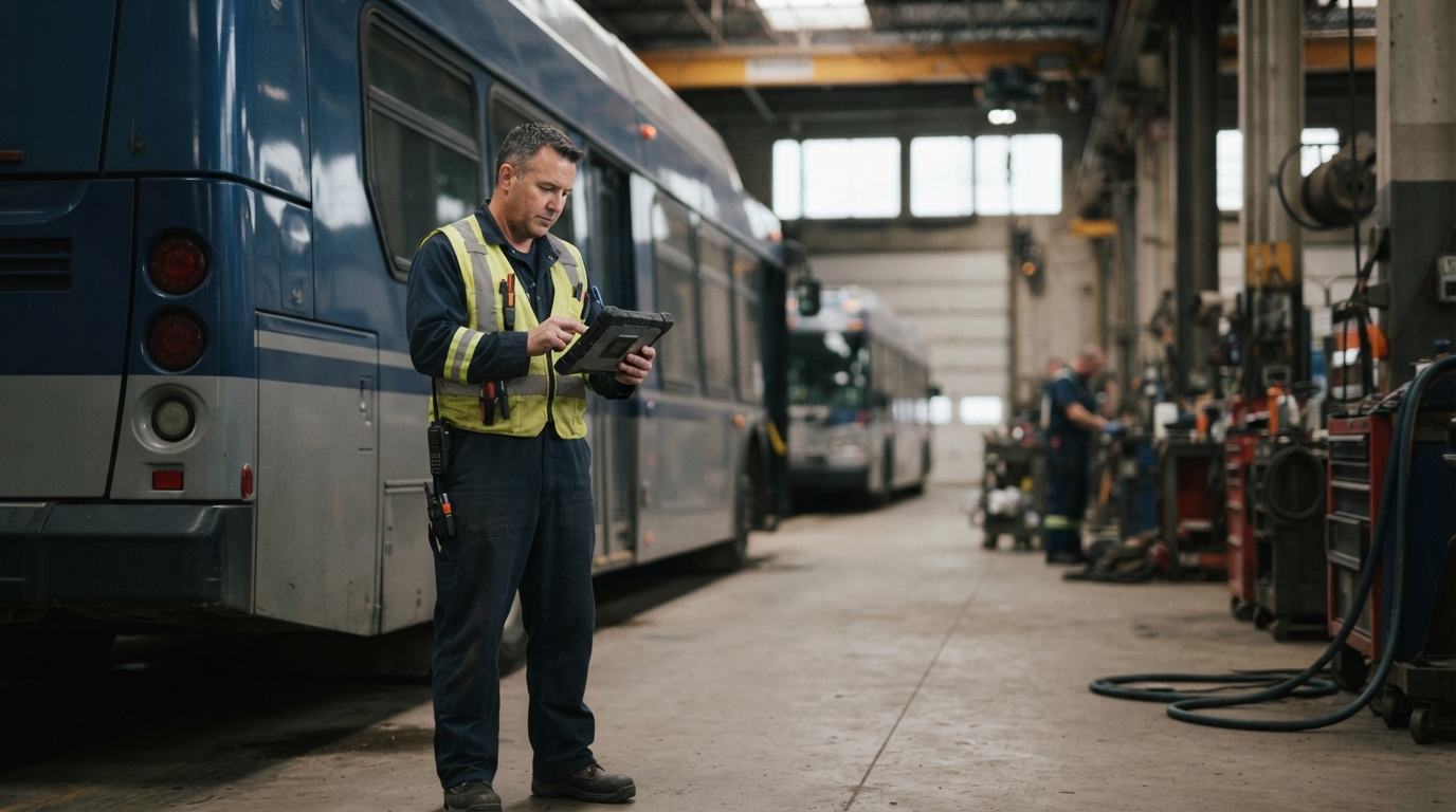 A technician entering close-out details beside a transit vehicle at the end of a job.